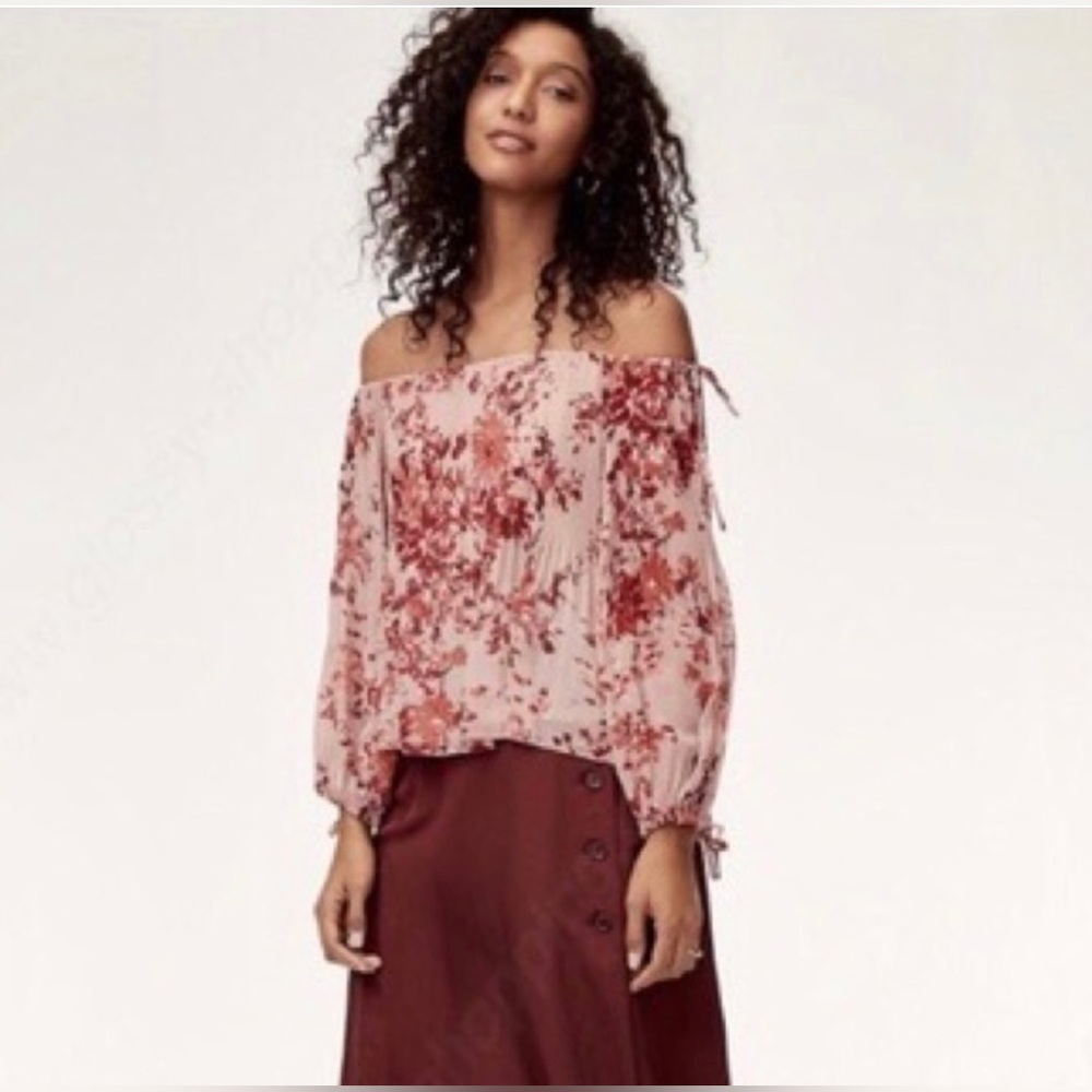 Aritzia Wilfred Talence Top Floral Off The Shoulder Blouse Camille/Row Red XXS